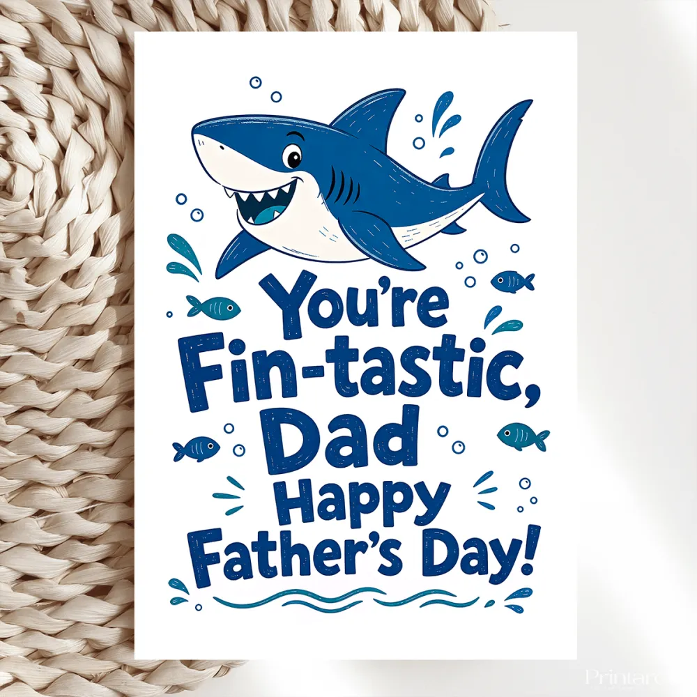 Blue cartoon shark father’s day card with youre fin-tastic dad text on premium cardstock and kraft envelope