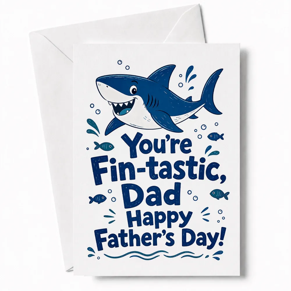 White fathers day card with cartoon blue shark and fin-tastic dad message on premium cardstock with kraft envelope