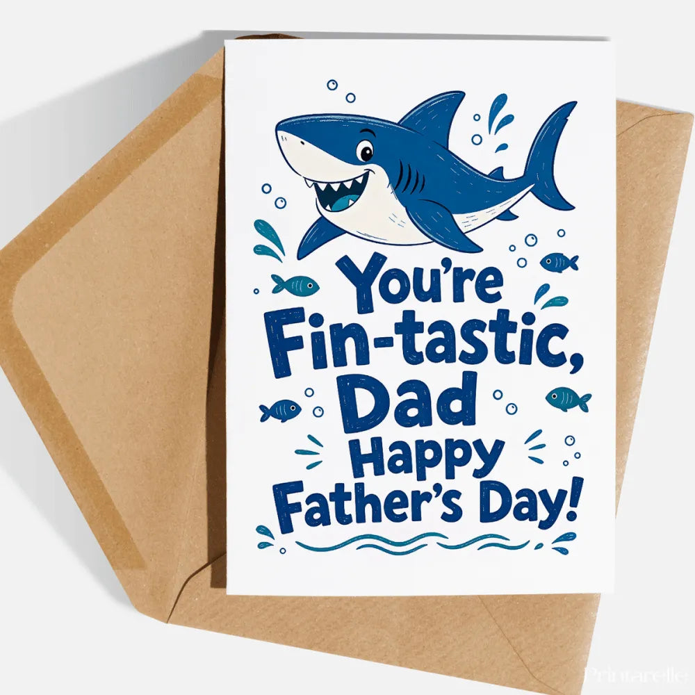 White father’s day greeting card with blue cartoon shark on premium cardstock and kraft envelope fin-tastic dad design