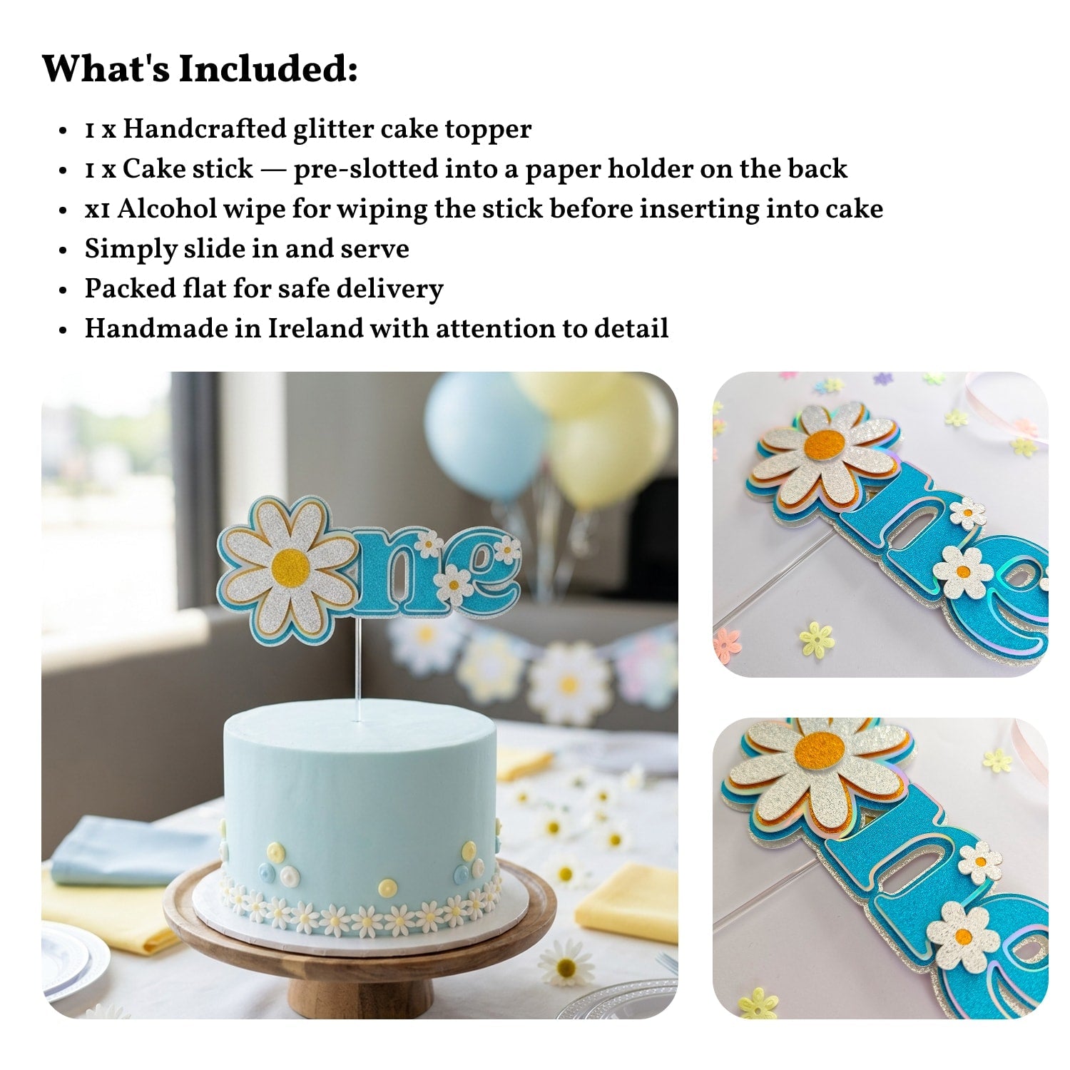 First Birthday Cake Topper, One Daisy Glitter & Holographic | Blue Teal Floral 1st Birthday - Cake Topper - Printarelle
