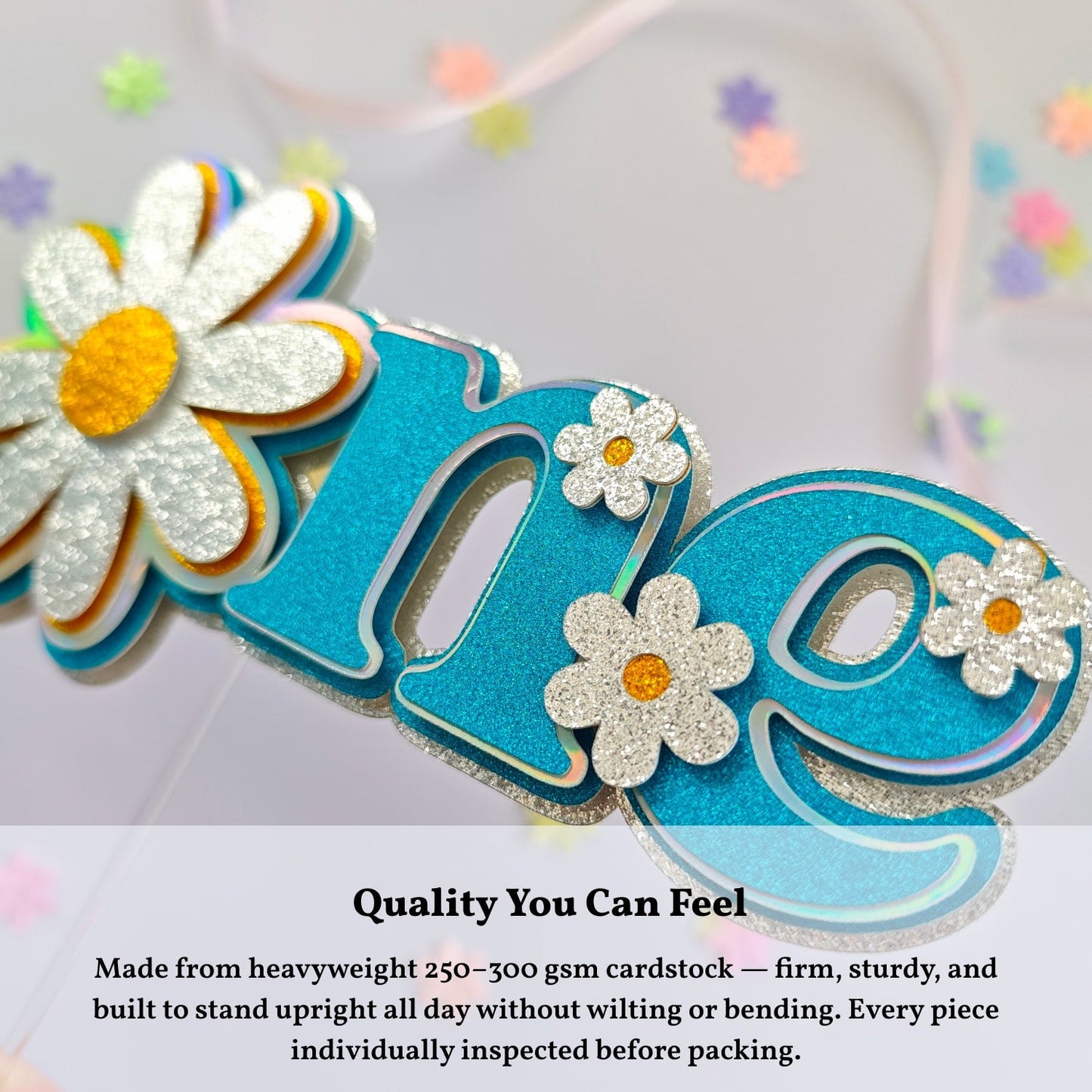 First Birthday Cake Topper, One Daisy Glitter & Holographic | Blue Teal Floral 1st Birthday - Cake Topper - Printarelle