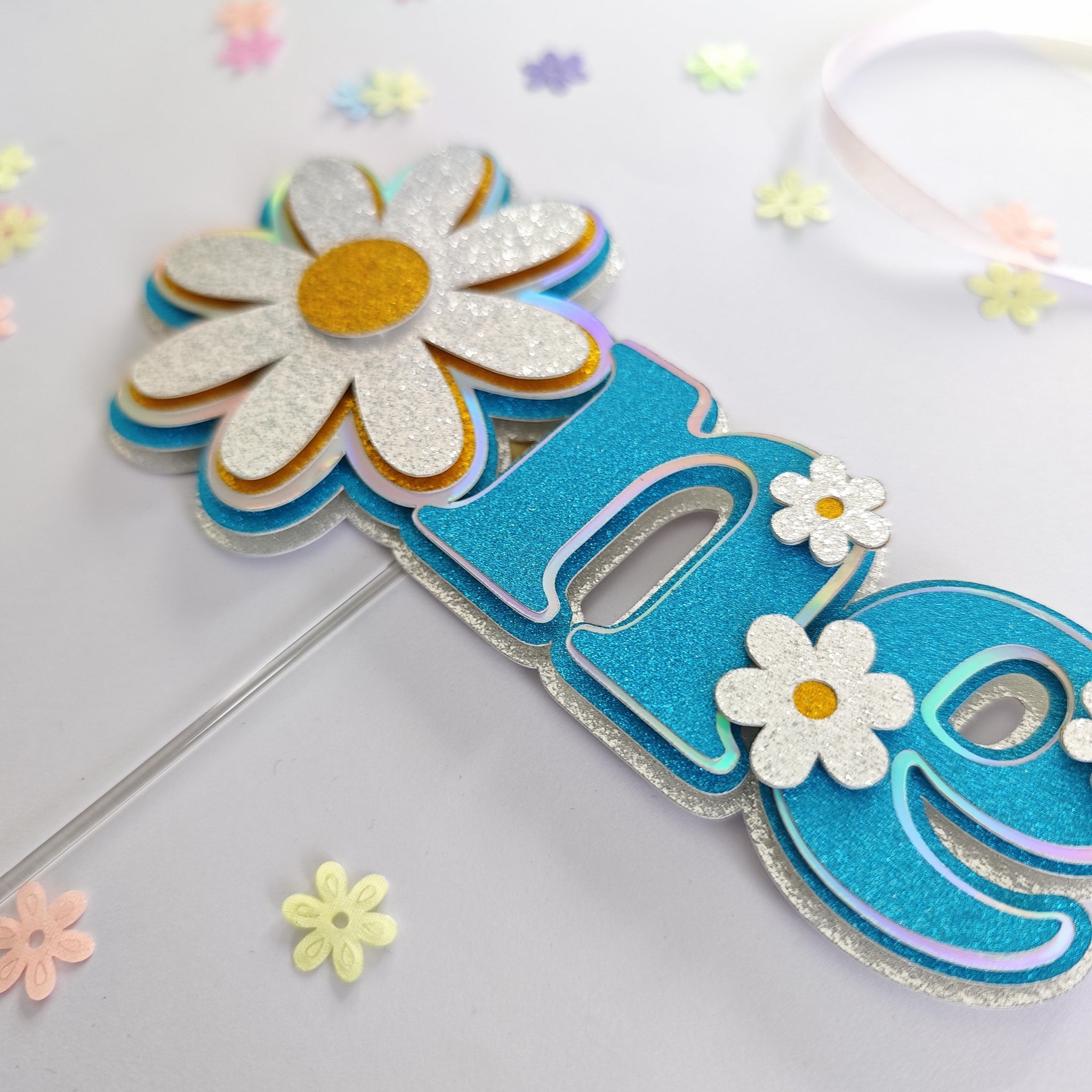 First Birthday Cake Topper, One Daisy Glitter & Holographic | Blue Teal Floral 1st Birthday - Cake Topper - Printarelle