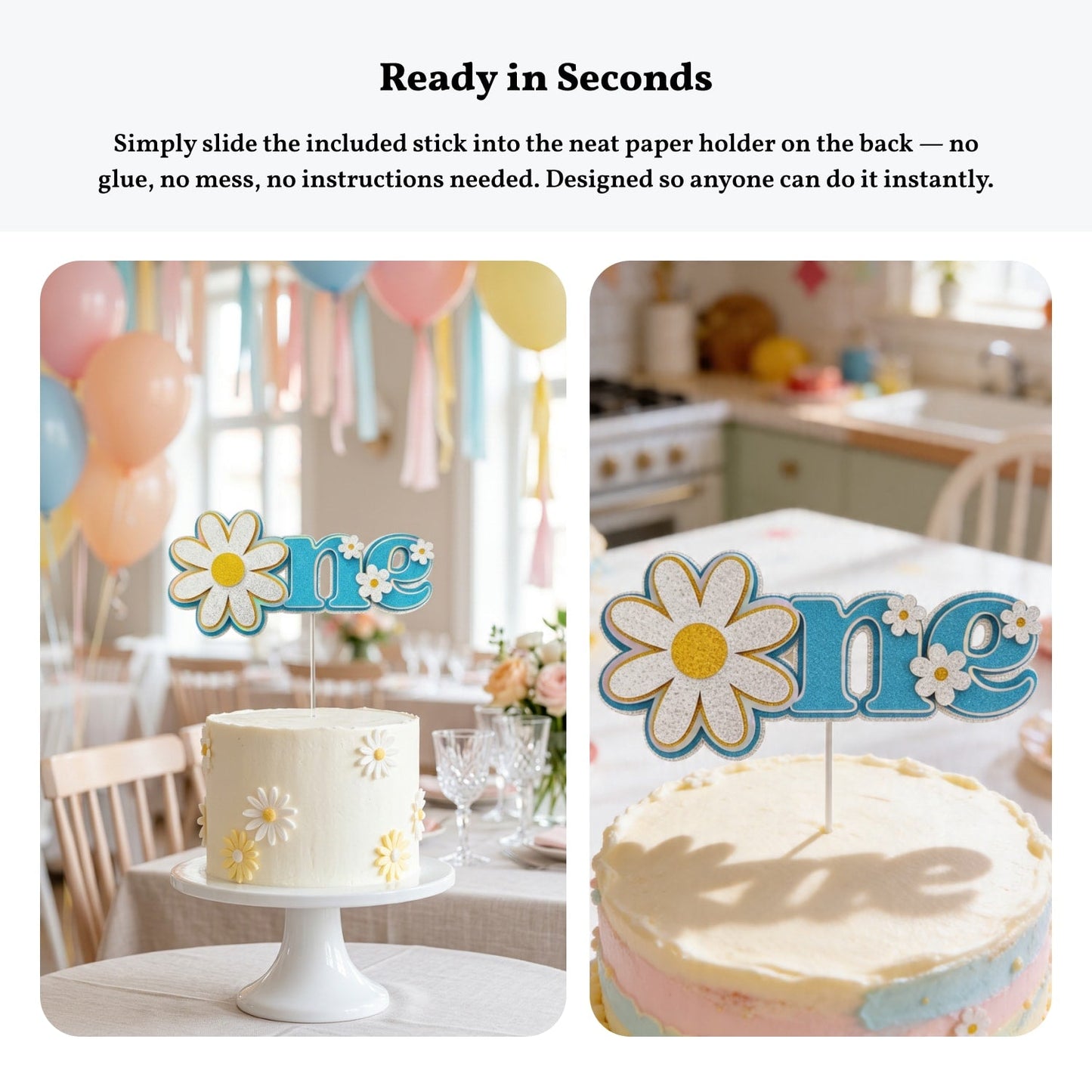 First Birthday Cake Topper, One Daisy Glitter & Holographic | Blue Teal Floral 1st Birthday - Cake Topper - Printarelle