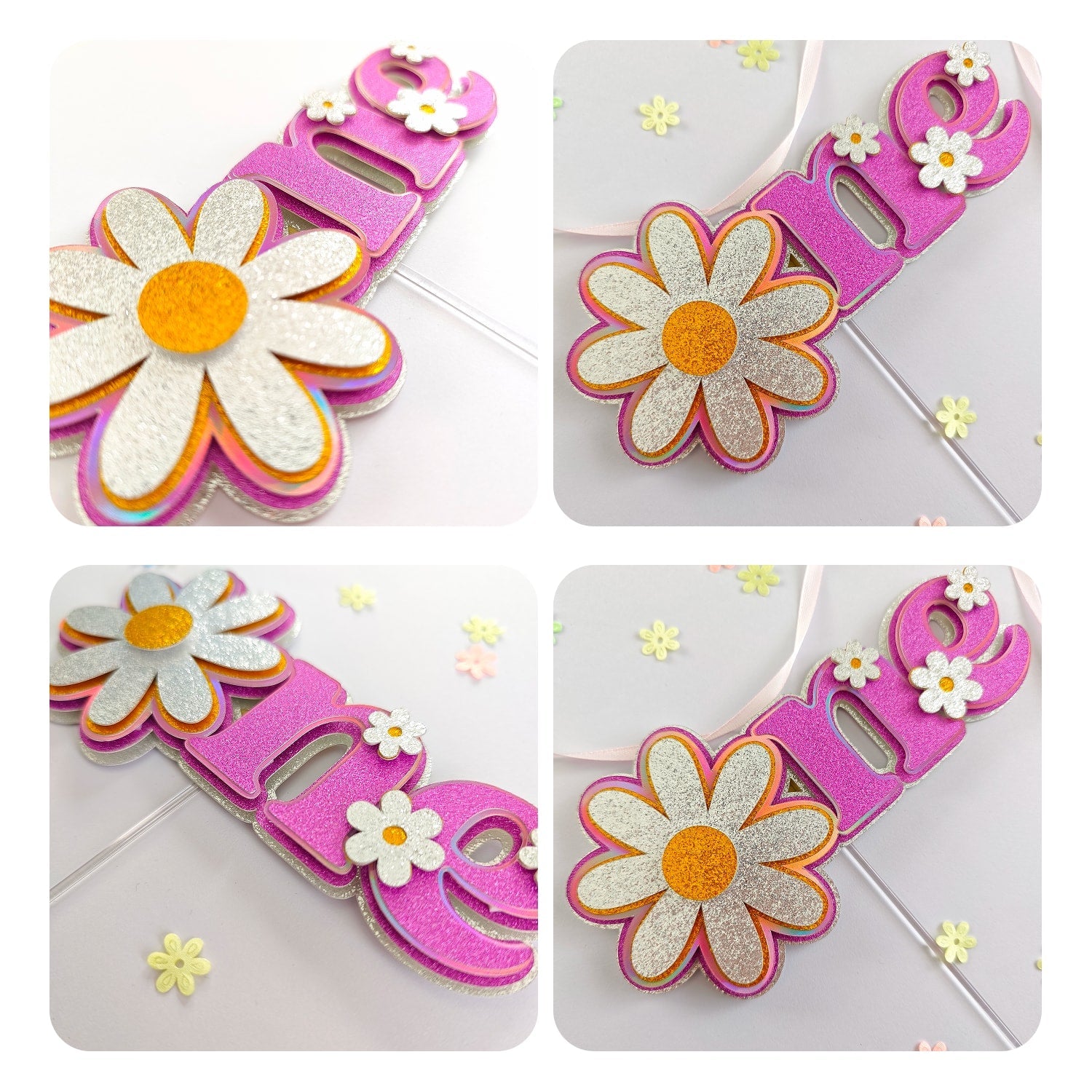 First Birthday Cake Topper, One Daisy Glitter & Holographic | Pink Floral 1st Birthday - Cake Topper - Printarelle