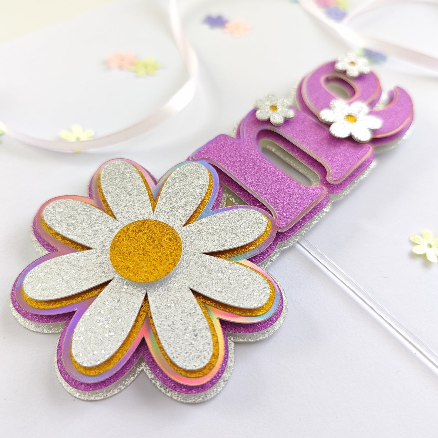 First Birthday Cake Topper, One Daisy Glitter & Holographic | Pink Floral 1st Birthday - Cake Topper - Printarelle