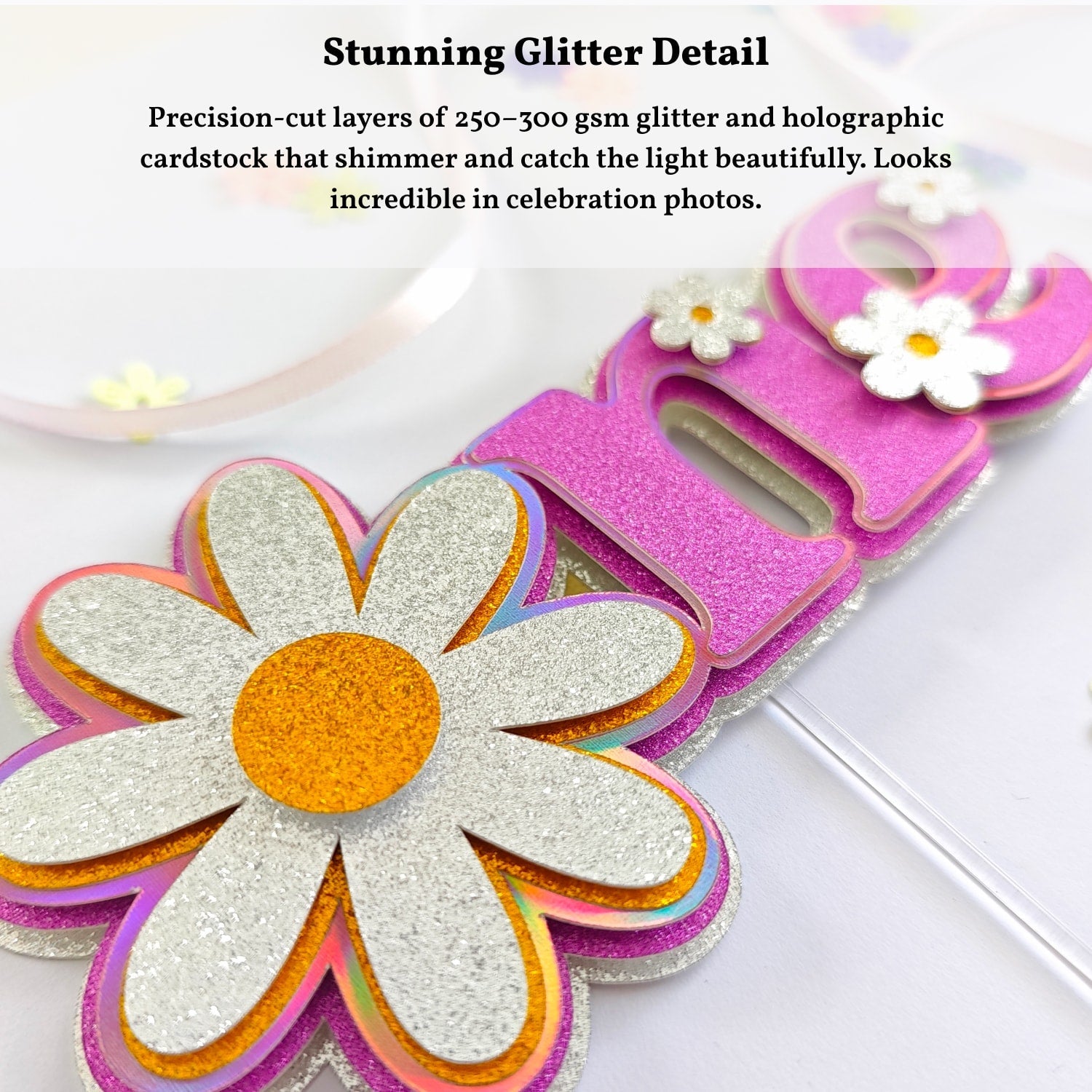 First Birthday Cake Topper, One Daisy Glitter & Holographic | Pink Floral 1st Birthday - Cake Topper - Printarelle