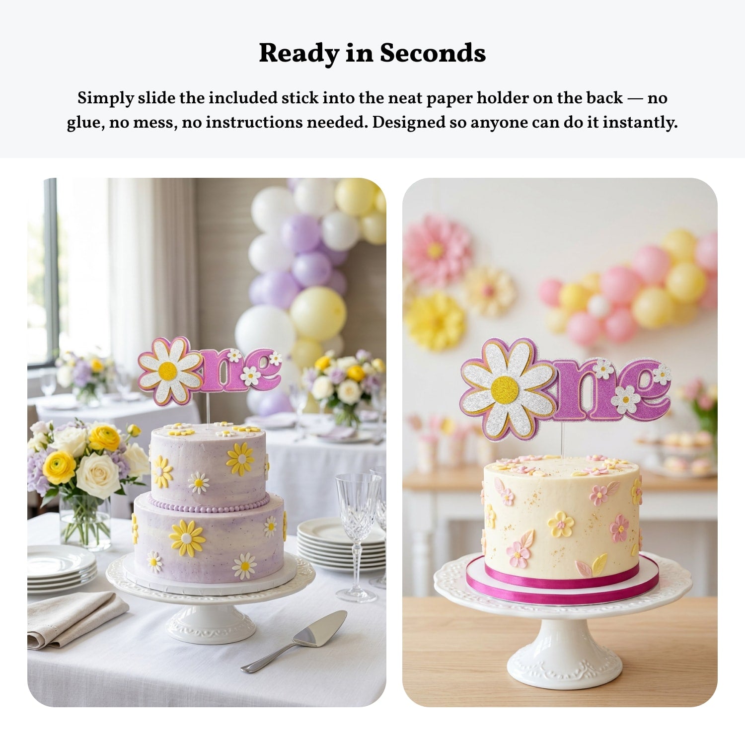 First Birthday Cake Topper, One Daisy Glitter & Holographic | Pink Floral 1st Birthday - Cake Topper - Printarelle