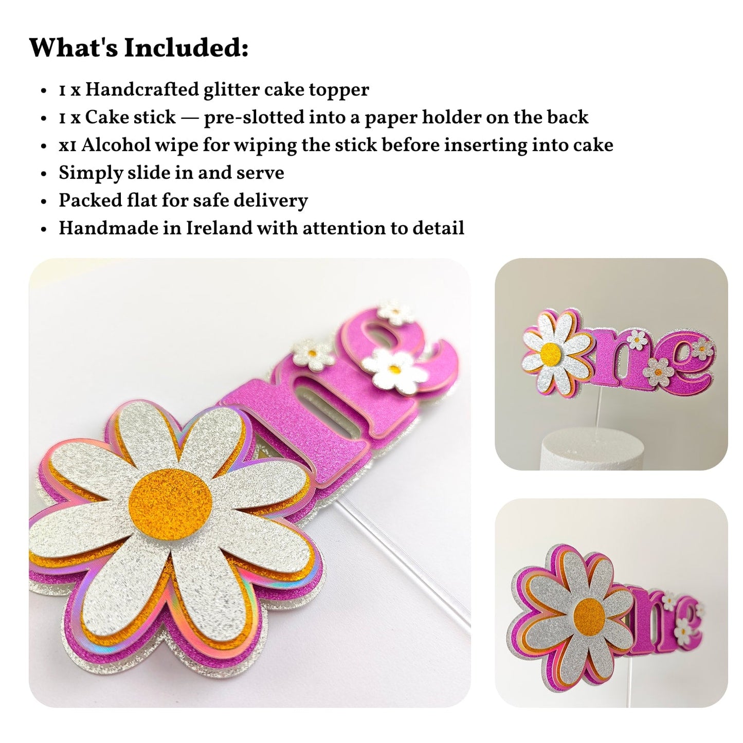 First Birthday Cake Topper, One Daisy Glitter & Holographic | Pink Floral 1st Birthday - Cake Topper - Printarelle