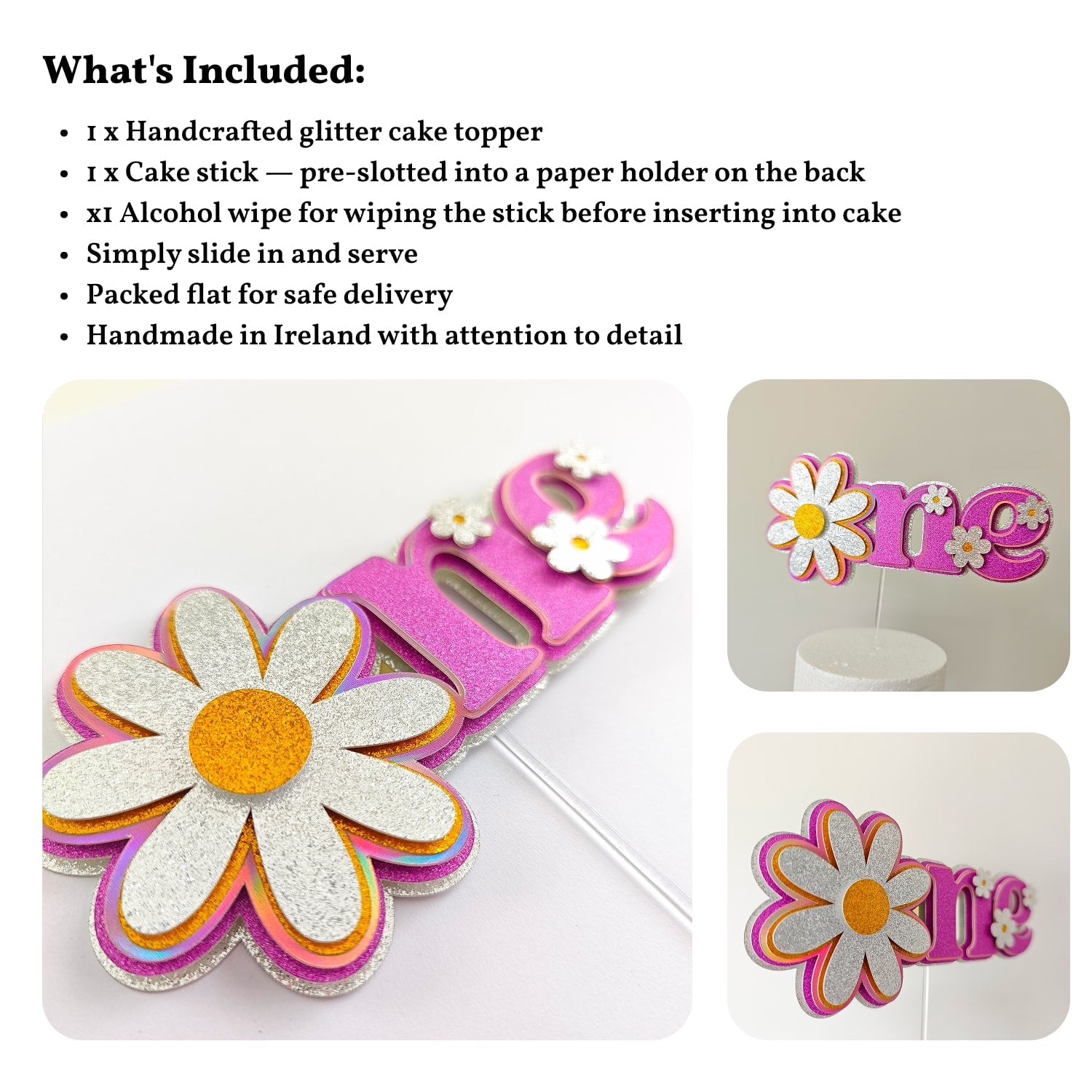 First Birthday Cake Topper, One Daisy Glitter & Holographic | Pink Floral 1st Birthday - Cake Topper - Printarelle