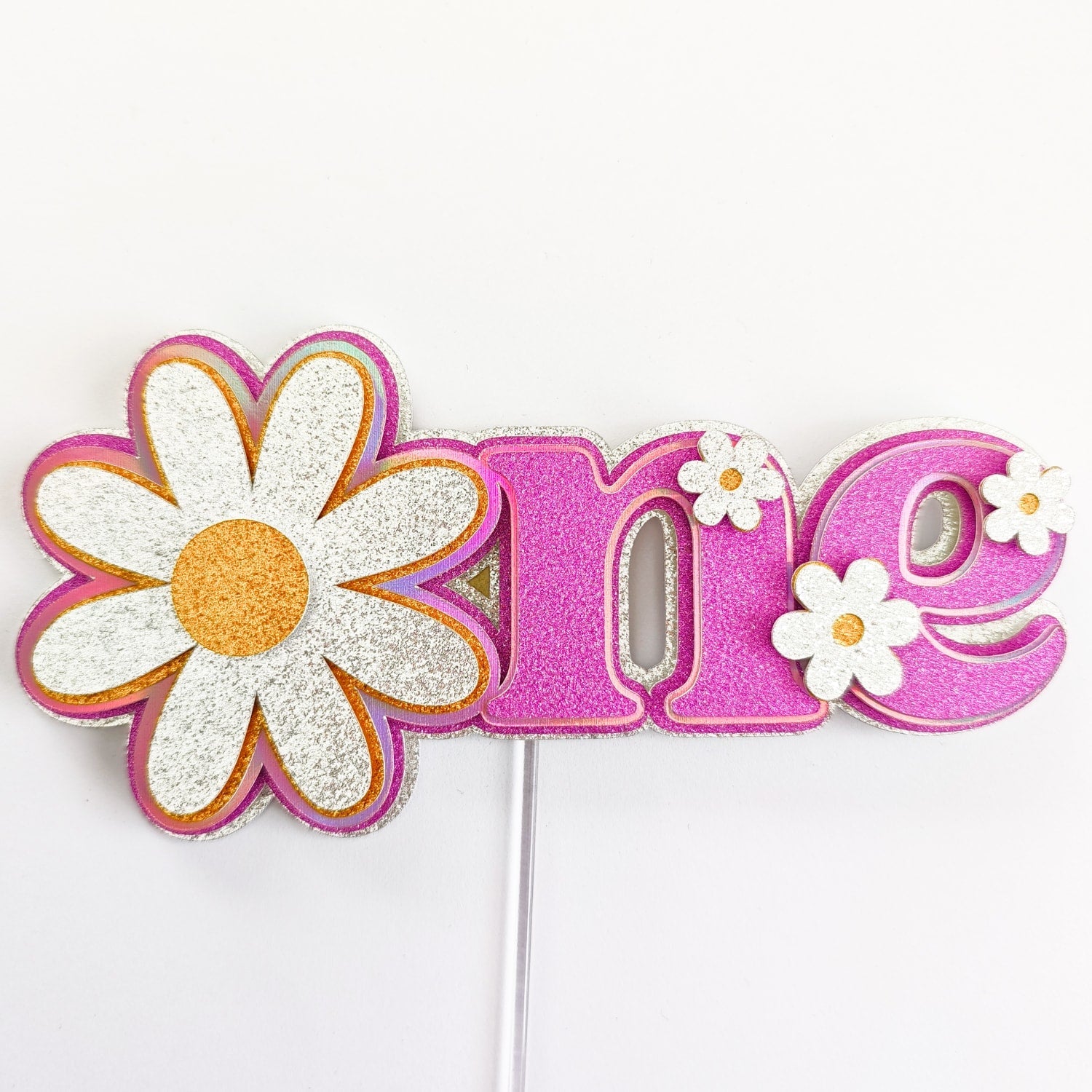 First Birthday Cake Topper, One Daisy Glitter & Holographic | Pink Floral 1st Birthday - Cake Topper - Printarelle