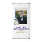 White chocolate personalised 40g chocolate bar with a boy photo and first holy communion text and floral church design