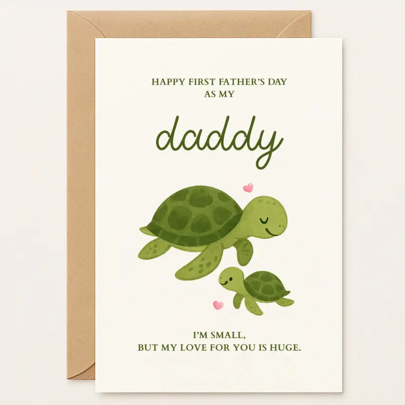 This charming First Father’s Day card features a sweet illustration of a daddy turtle and baby turtle floating
