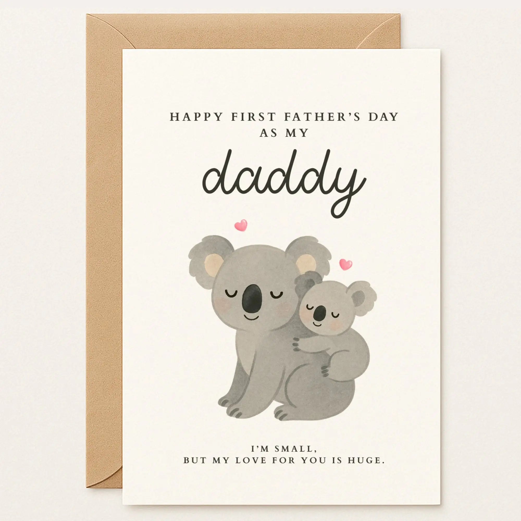 First Father’s Day card for daddy featuring two koalas hugging. Message: “I’m small, but my love for you is huge.”