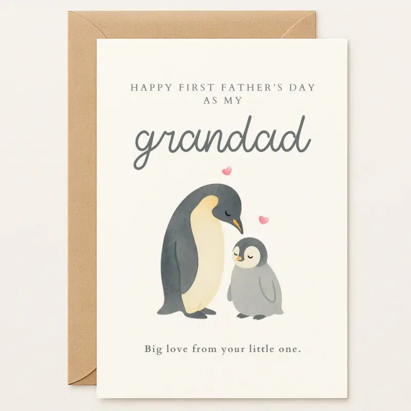 Celebrate a special first with this lovingly illustrated Father’s Day card for Grandad, featuring an adorable penguin