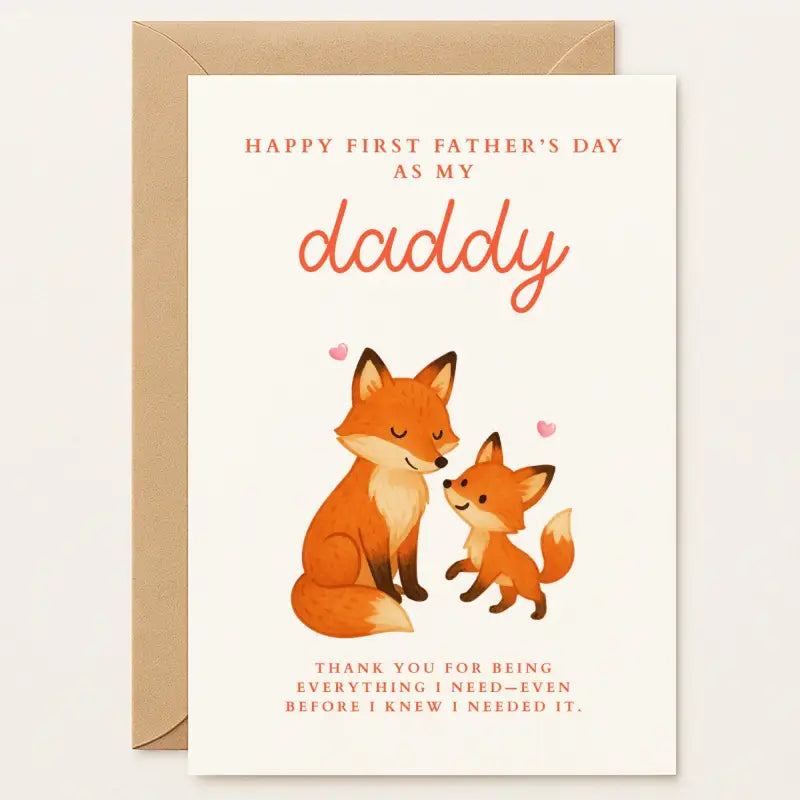 This illustrated First Father’s Day Card features an adorable fox duo, a proud parent and playful cub, nuzzling under