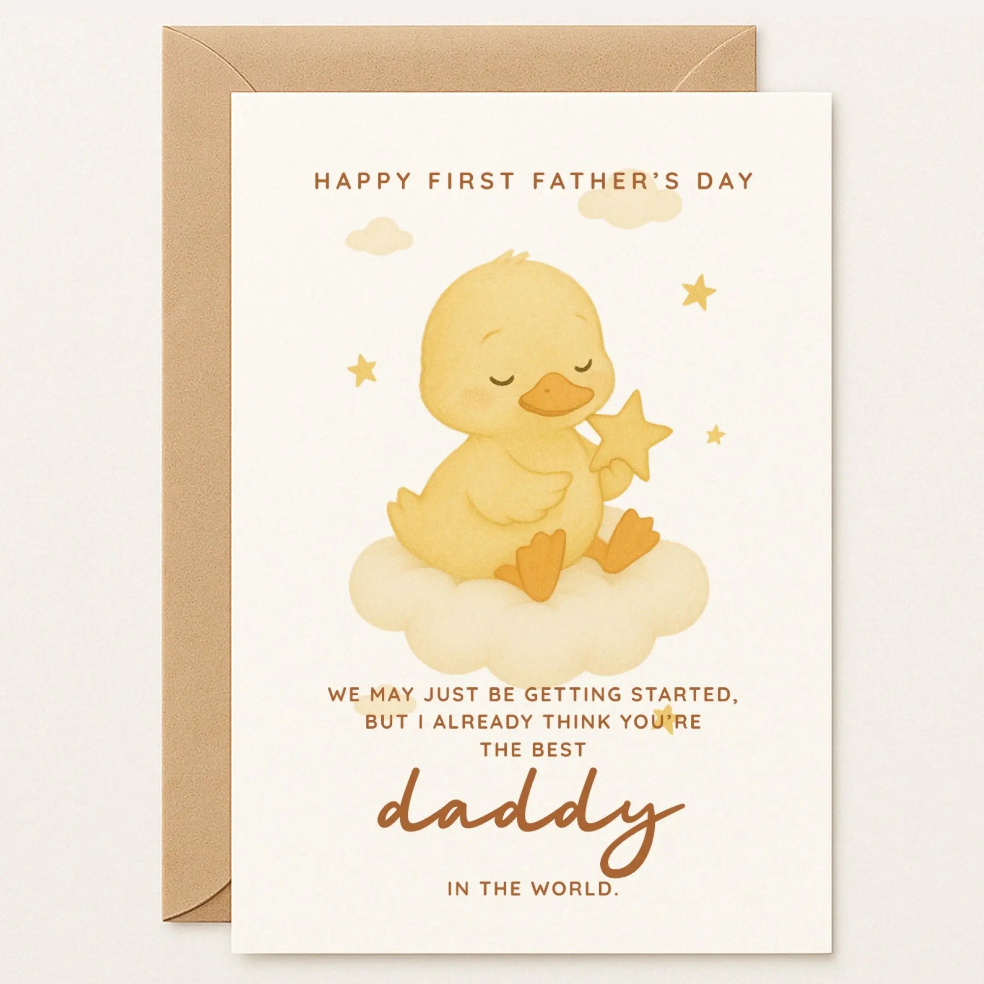 First Father’s Day card featuring a baby duck sitting on a cloud holding a star. Message: “You’re the best daddy in the world.”