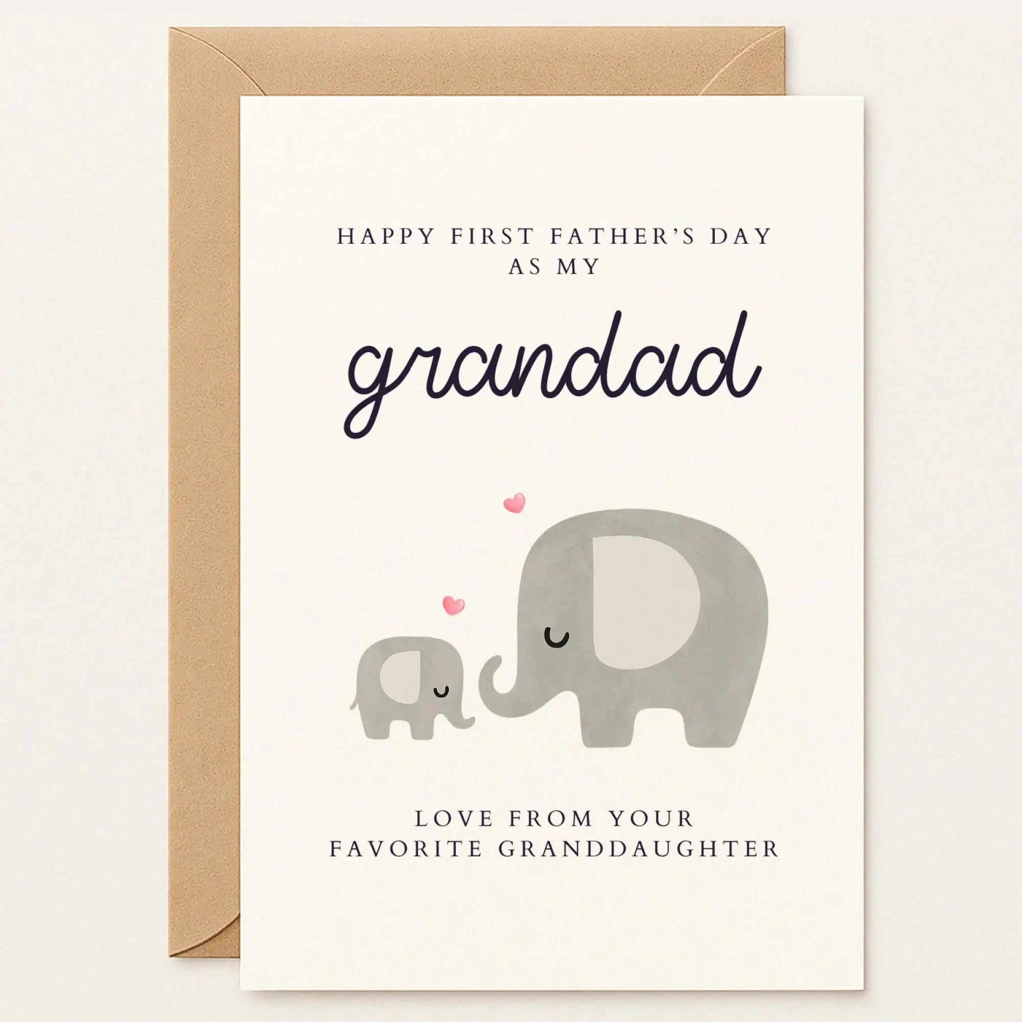 Father’s Day card with a baby and grandad elephant, pink hearts between them. Message: “Love from your favorite granddaughter.”