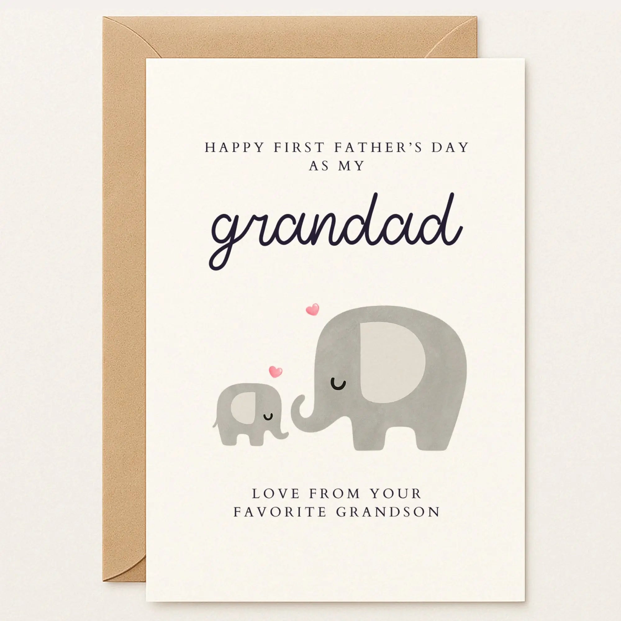 Father’s Day card with a grandad and baby elephant, pink hearts above them. Text reads: “Love from your favorite grandson.”