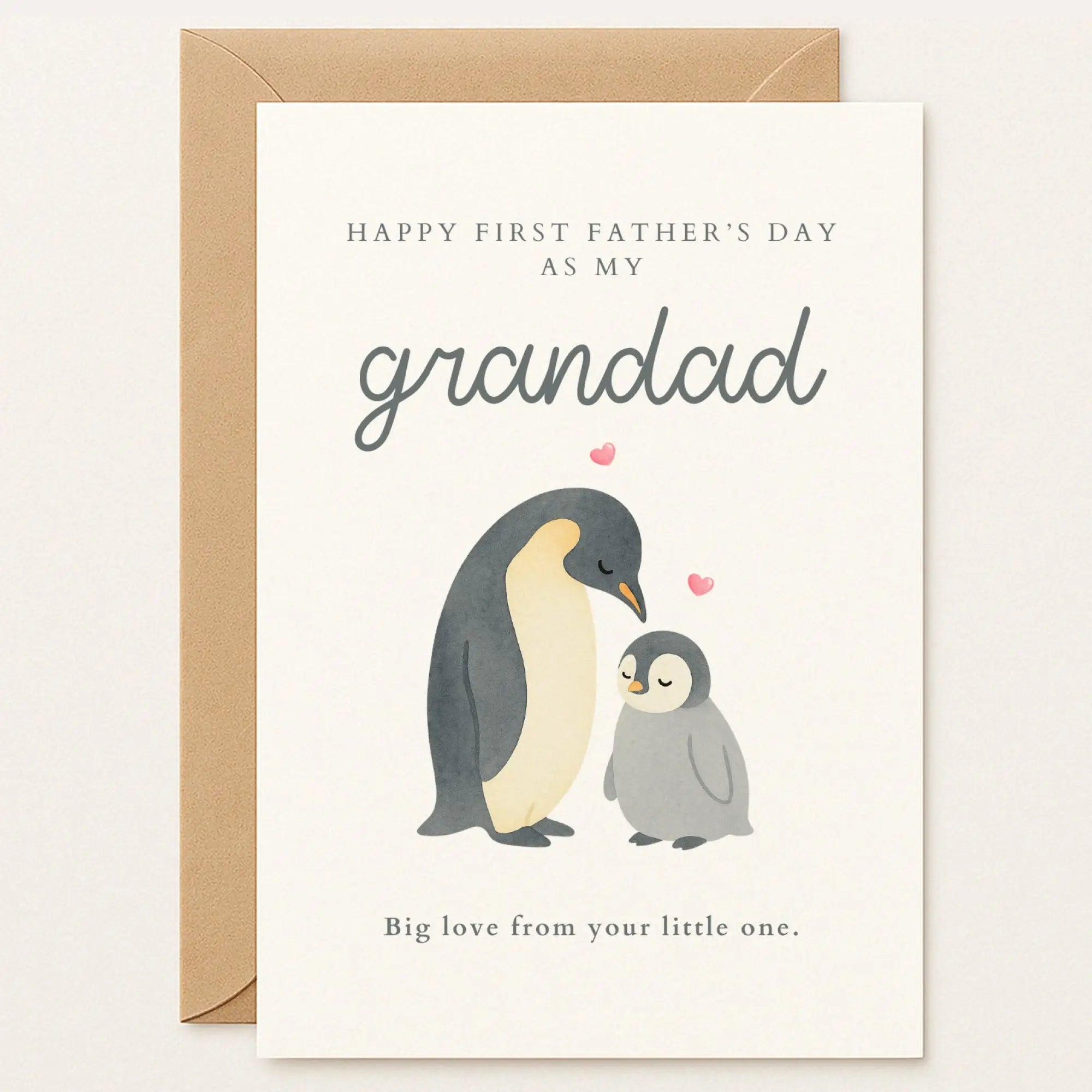 Father’s Day card for grandad featuring a parent penguin and baby chick touching beaks with pink hearts. Message: “Big love from your little one.”
