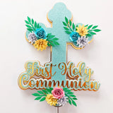 First Holy Communion Cake Topper Glitter Cross with Paper Flowers - Cake Topper - Printarelle