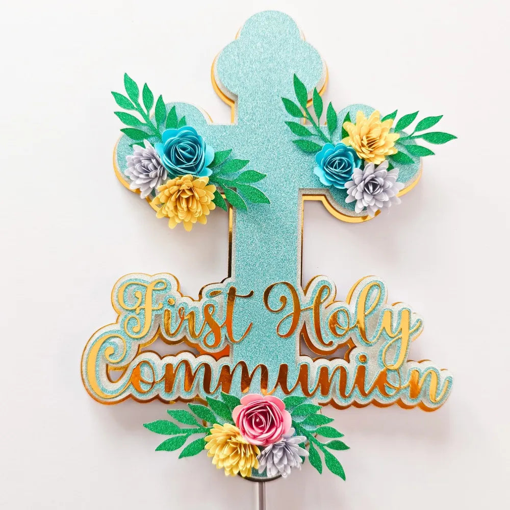 First Holy Communion Cake Topper Glitter Cross with Paper Flowers - Cake Topper - Printarelle