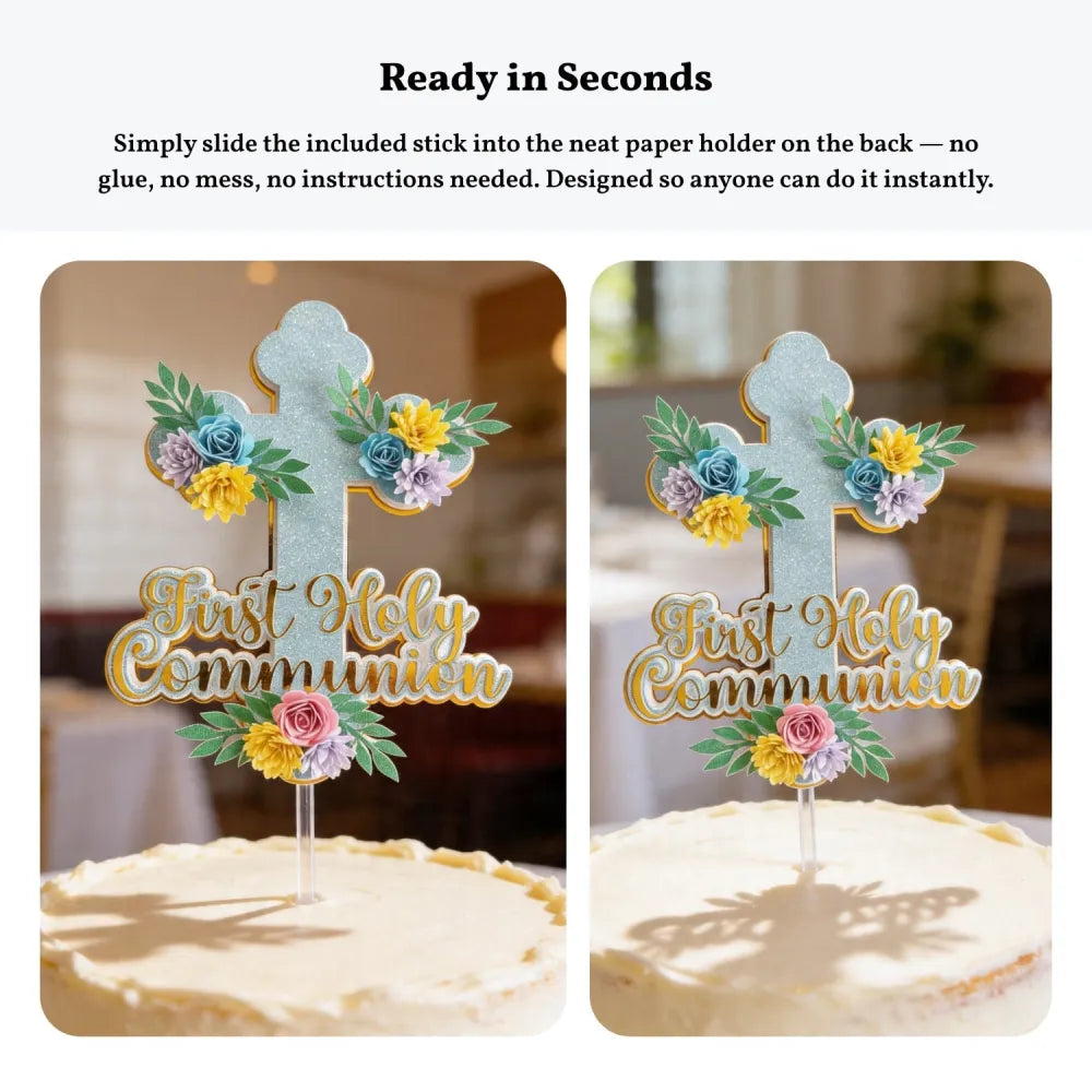 First Holy Communion Cake Topper Glitter Cross with Paper Flowers - Cake Topper - Printarelle