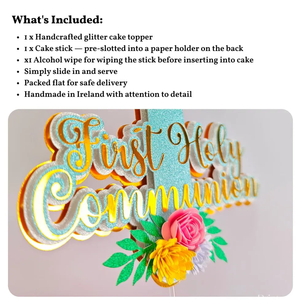 First Holy Communion Cake Topper Glitter Cross with Paper Flowers - Cake Topper - Printarelle