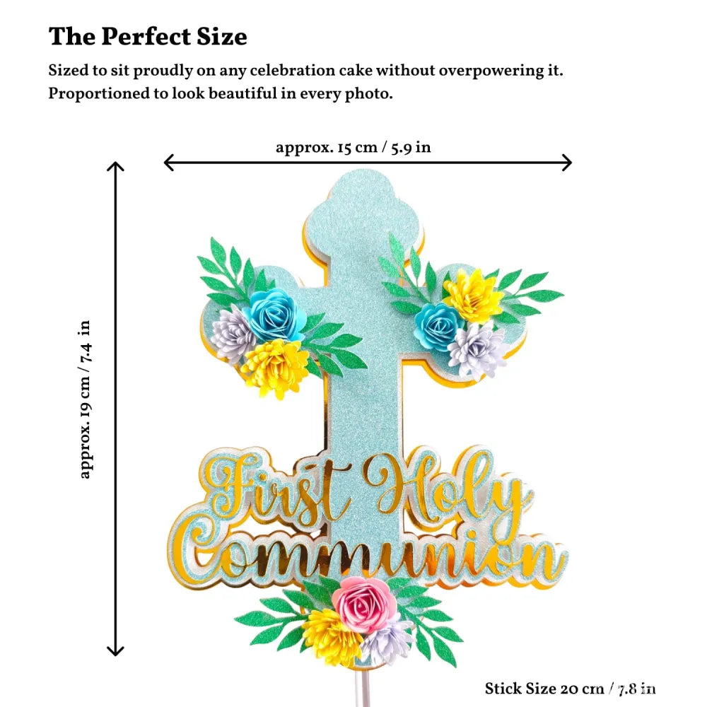 First Holy Communion Cake Topper Glitter Cross with Paper Flowers - Cake Topper - Printarelle