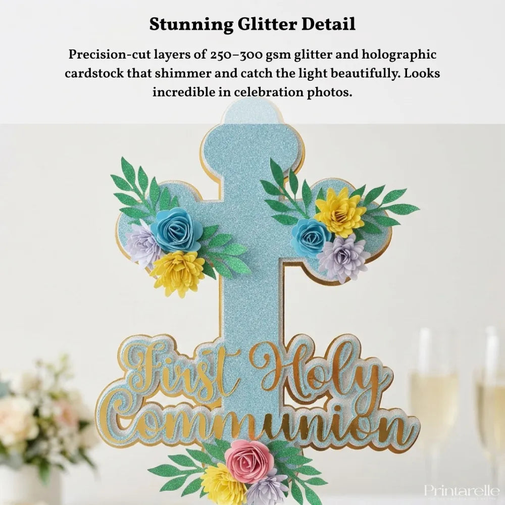 First Holy Communion Cake Topper Glitter Cross with Paper Flowers - Cake Topper - Printarelle