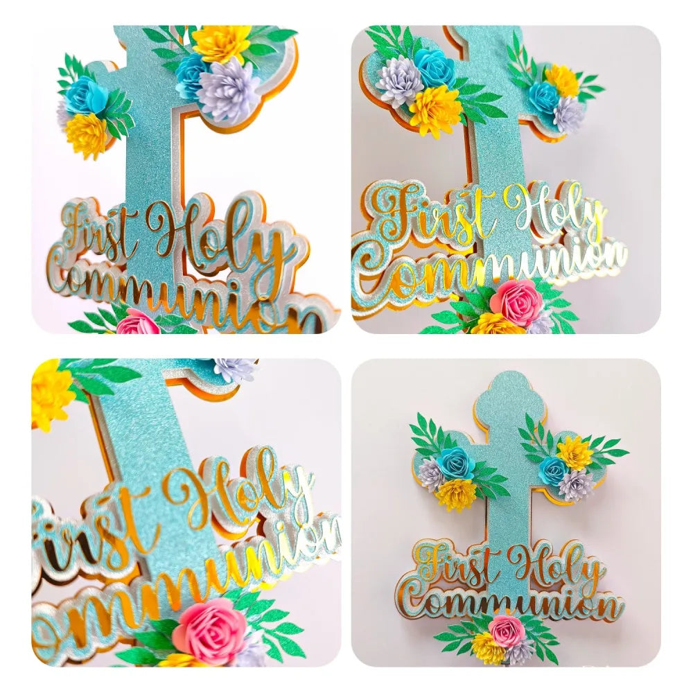 First Holy Communion Cake Topper Glitter Cross with Paper Flowers - Cake Topper - Printarelle
