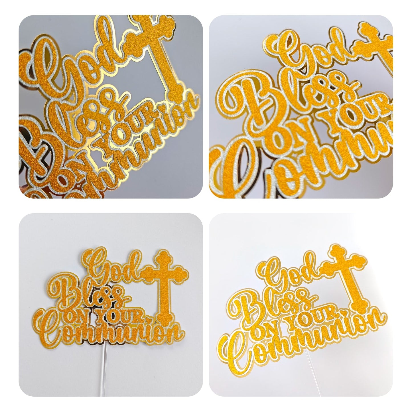 First Holy Communion Cake Topper, God Bless On Your Communion Gold Glitter & Mirror with Cross - Cake Topper