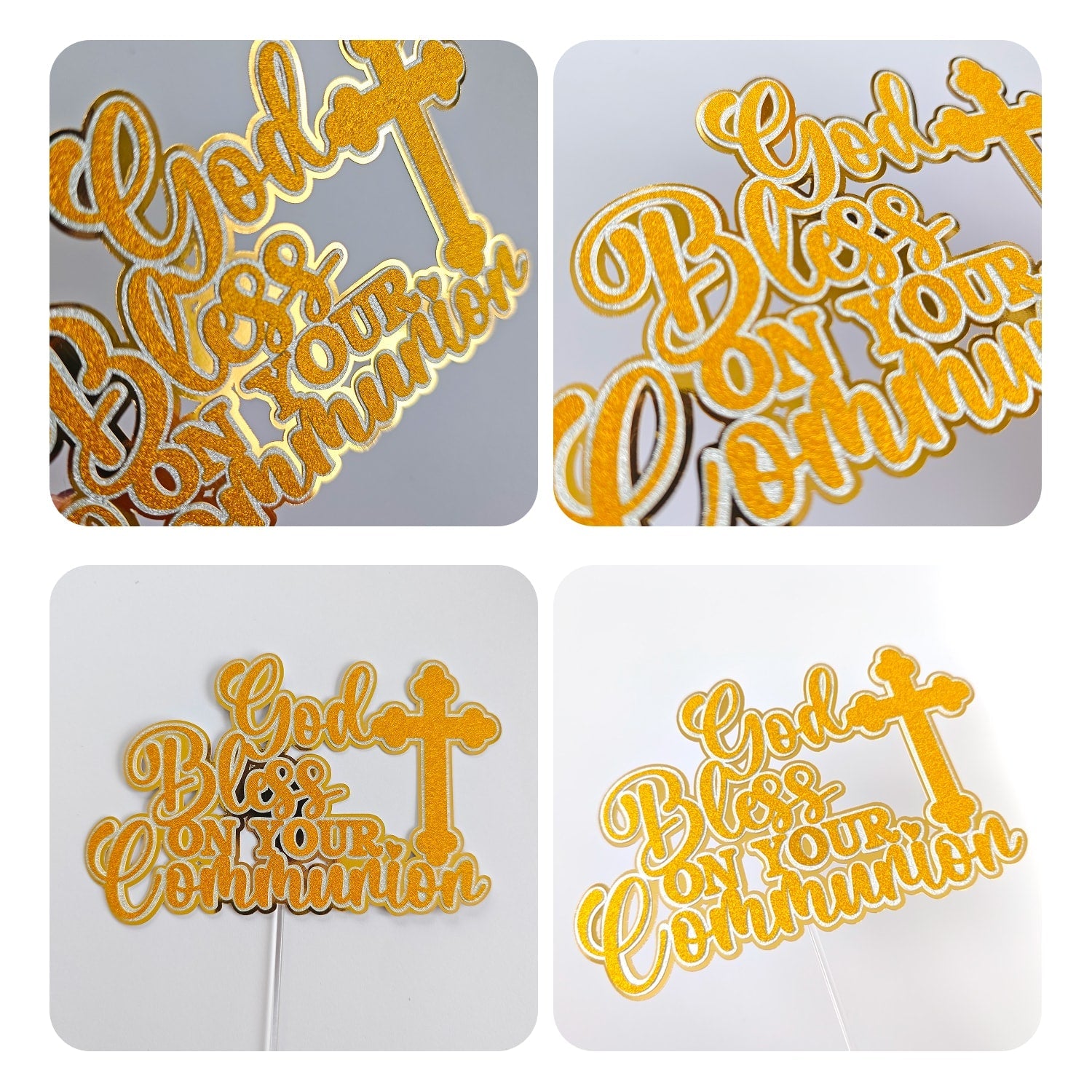 First Holy Communion Cake Topper, God Bless On Your Communion Gold Glitter & Mirror with Cross - Cake Topper