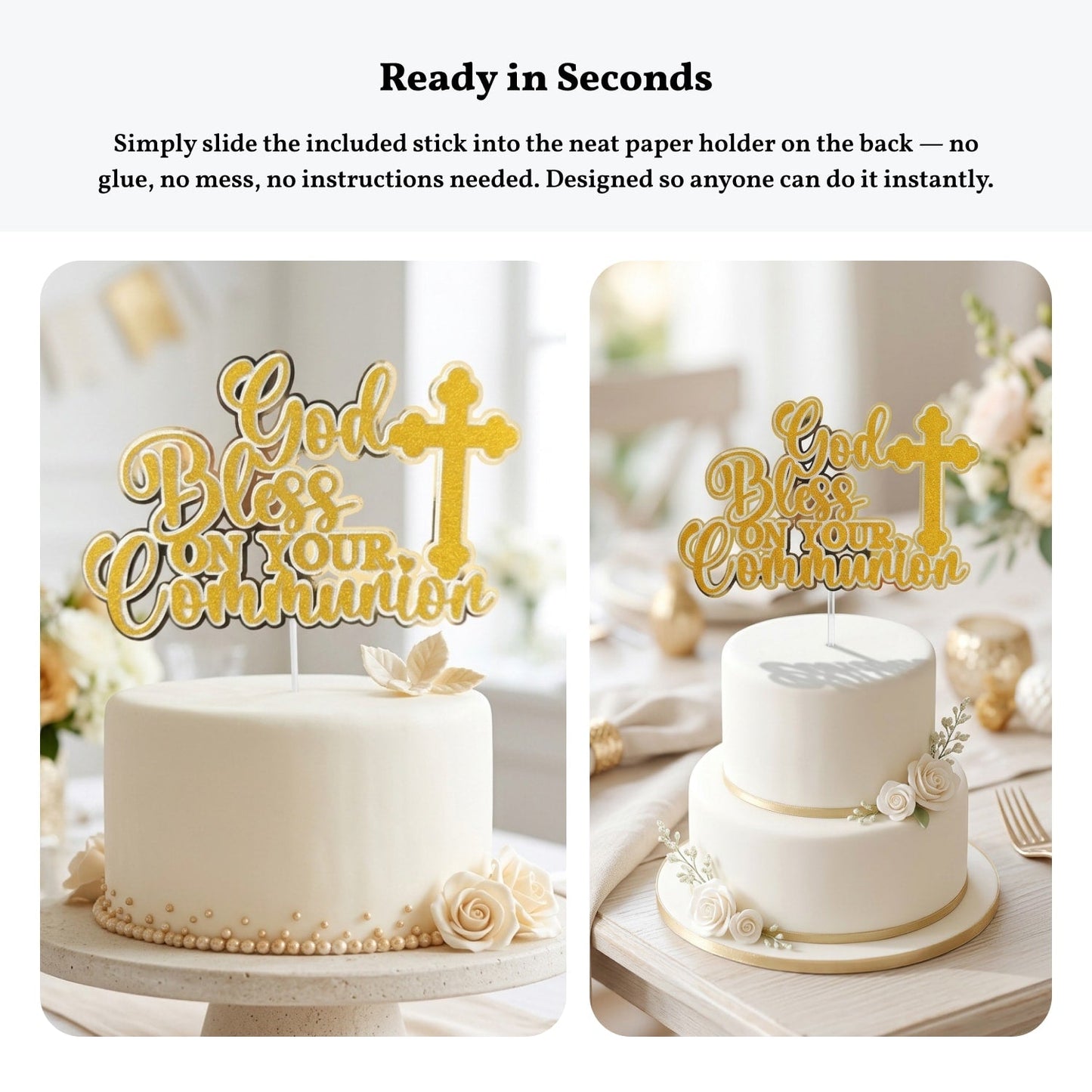 First Holy Communion Cake Topper, God Bless On Your Communion Gold Glitter & Mirror with Cross - Cake Topper