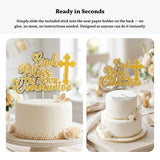 First Holy Communion Cake Topper, God Bless On Your Communion Gold Glitter & Mirror with Cross - Cake Topper