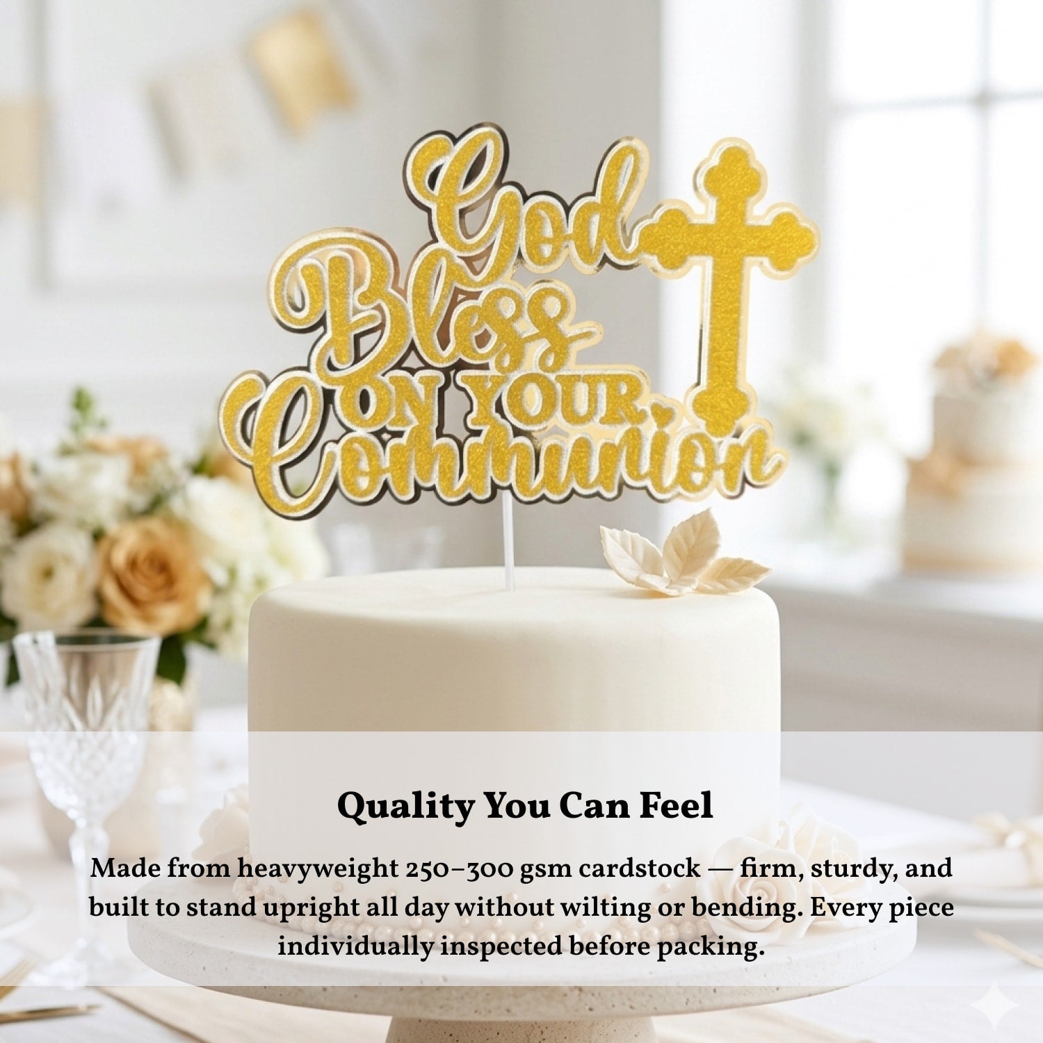 First Holy Communion Cake Topper, God Bless On Your Communion Gold Glitter & Mirror with Cross - Cake Topper