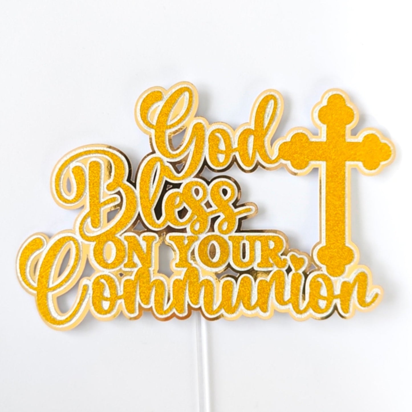 First Holy Communion Cake Topper, God Bless On Your Communion Gold Glitter & Mirror with Cross - Cake Topper