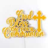 First Holy Communion Cake Topper, God Bless On Your Communion Gold Glitter & Mirror with Cross - Cake Topper