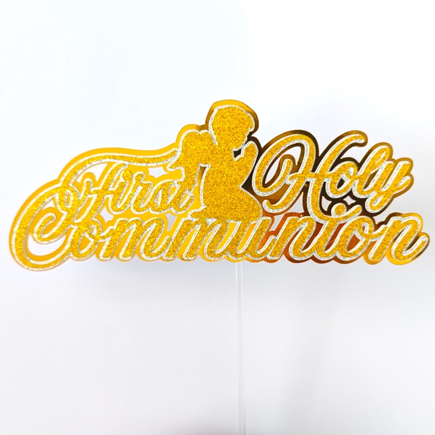 First Holy Communion Cake Topper, Gold Glitter Script with Praying Child - Cake Topper - Printarelle