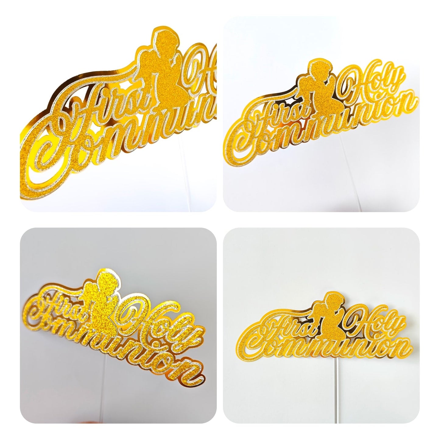 First Holy Communion Cake Topper, Gold Glitter Script with Praying Child - Cake Topper - Printarelle