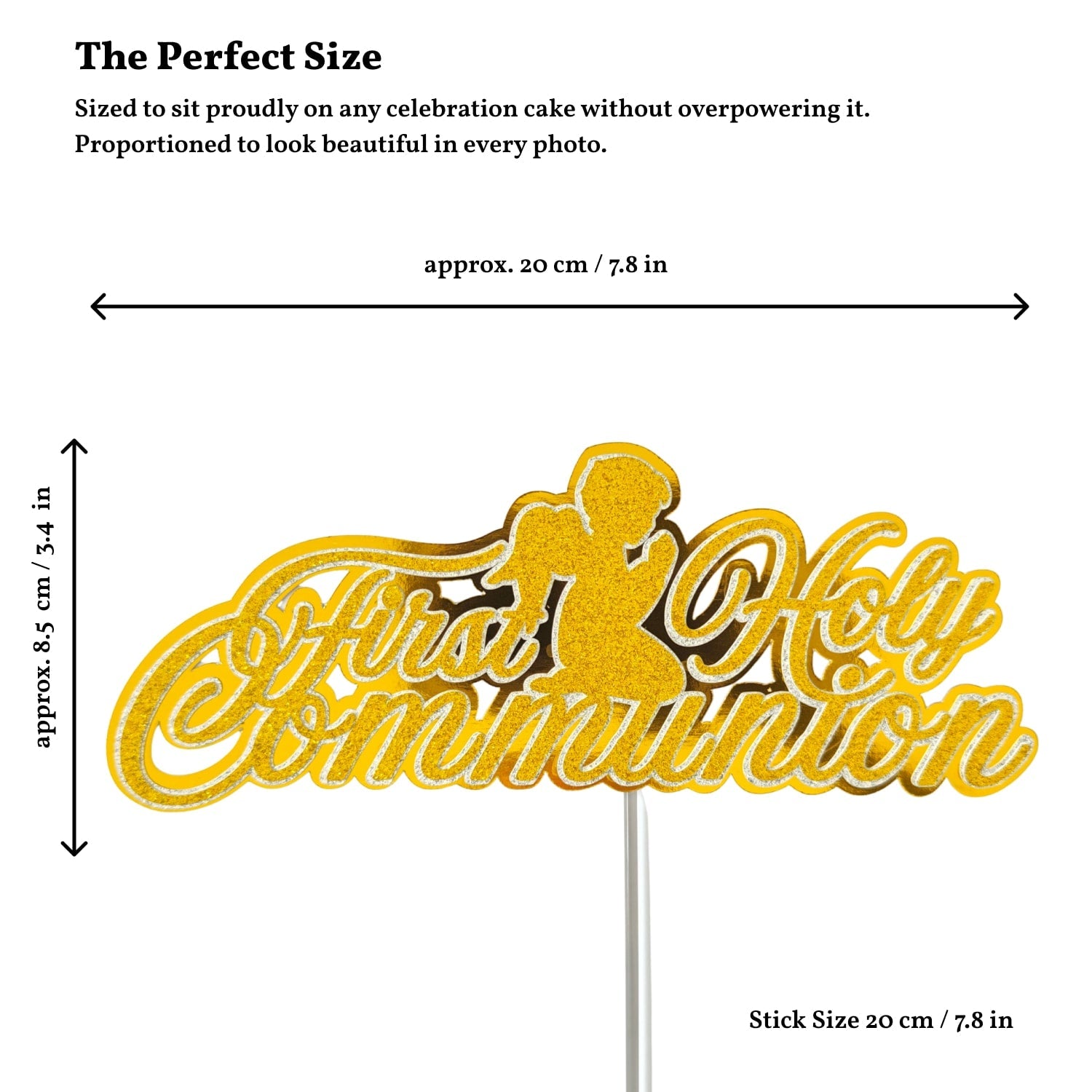 First Holy Communion Cake Topper, Gold Glitter Script with Praying Child - Cake Topper - Printarelle