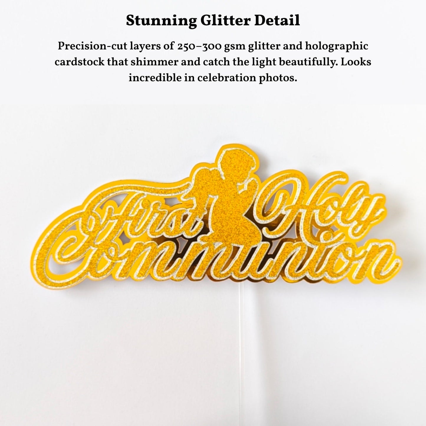 First Holy Communion Cake Topper, Gold Glitter Script with Praying Child - Cake Topper - Printarelle