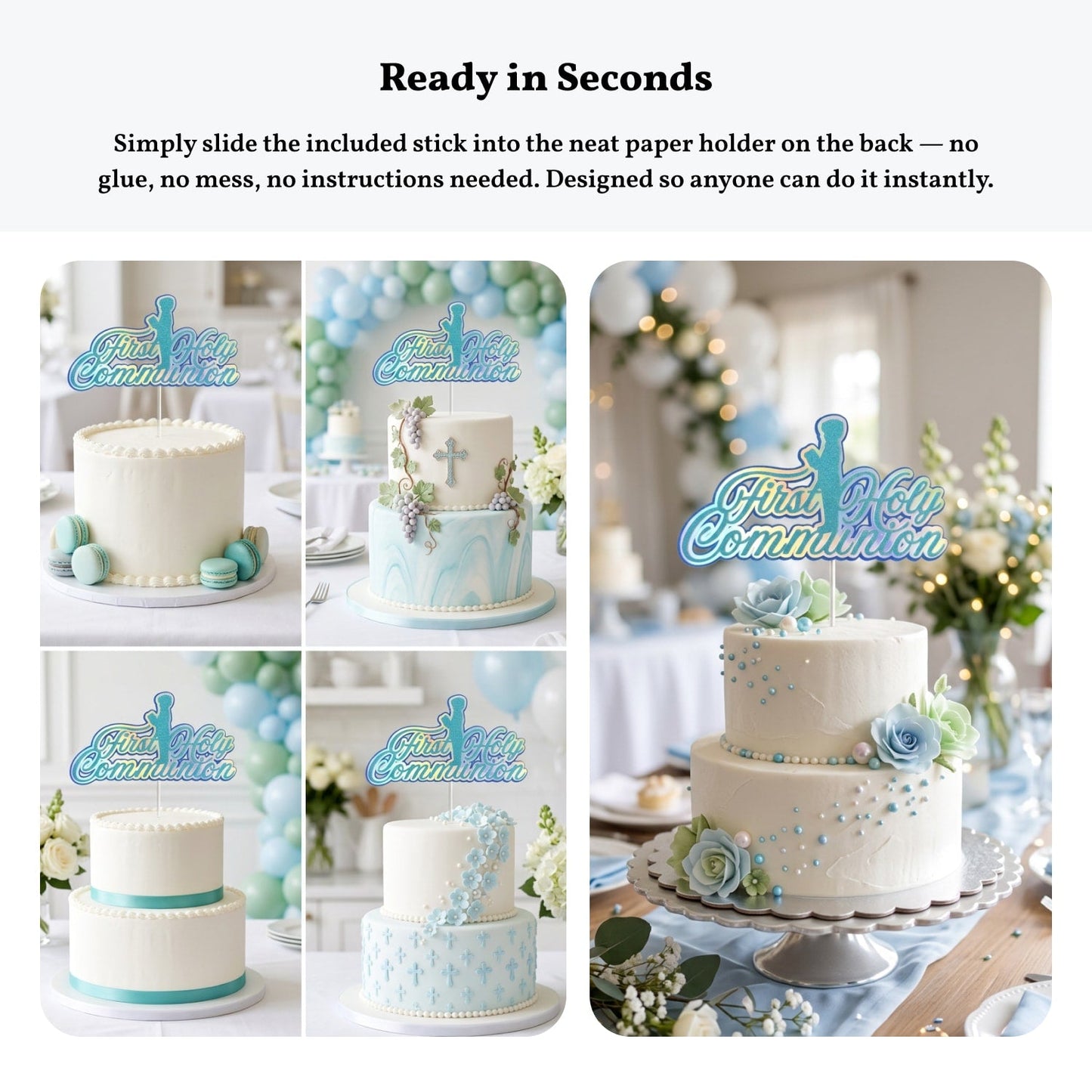 First Holy Communion Cake Topper, Holographic Rainbow Script with Praying Boy - Cake Topper - Printarelle