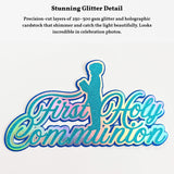 First Holy Communion Cake Topper, Holographic Rainbow Script with Praying Boy - Cake Topper - Printarelle