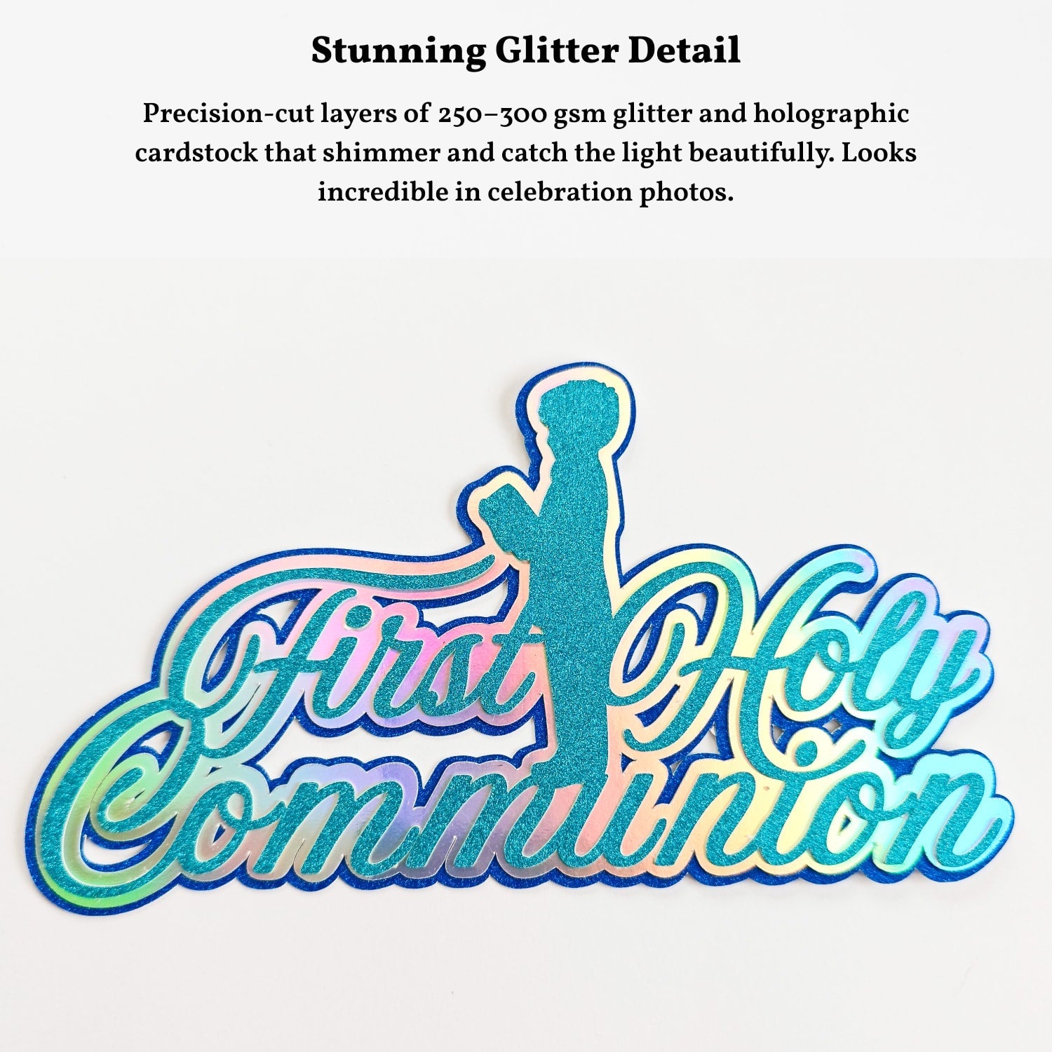 First Holy Communion Cake Topper, Holographic Rainbow Script with Praying Boy - Cake Topper - Printarelle