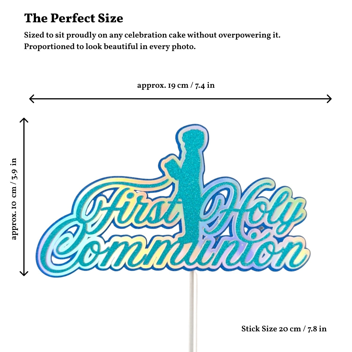 First Holy Communion Cake Topper, Holographic Rainbow Script with Praying Boy - Cake Topper - Printarelle