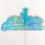 First Holy Communion Cake Topper, Holographic Rainbow Script with Praying Boy - Cake Topper - Printarelle
