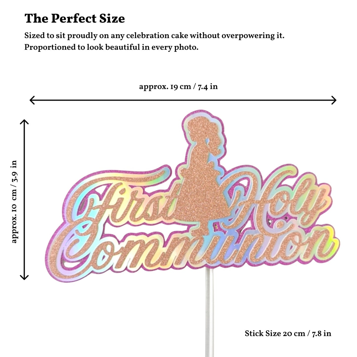 First Holy Communion Cake Topper, Holographic Rainbow Script with Praying Girl - Cake Topper - Printarelle