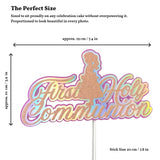 First Holy Communion Cake Topper, Holographic Rainbow Script with Praying Girl - Cake Topper - Printarelle