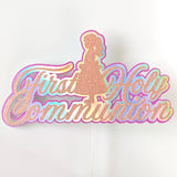 First Holy Communion Cake Topper, Holographic Rainbow Script with Praying Girl - Cake Topper - Printarelle