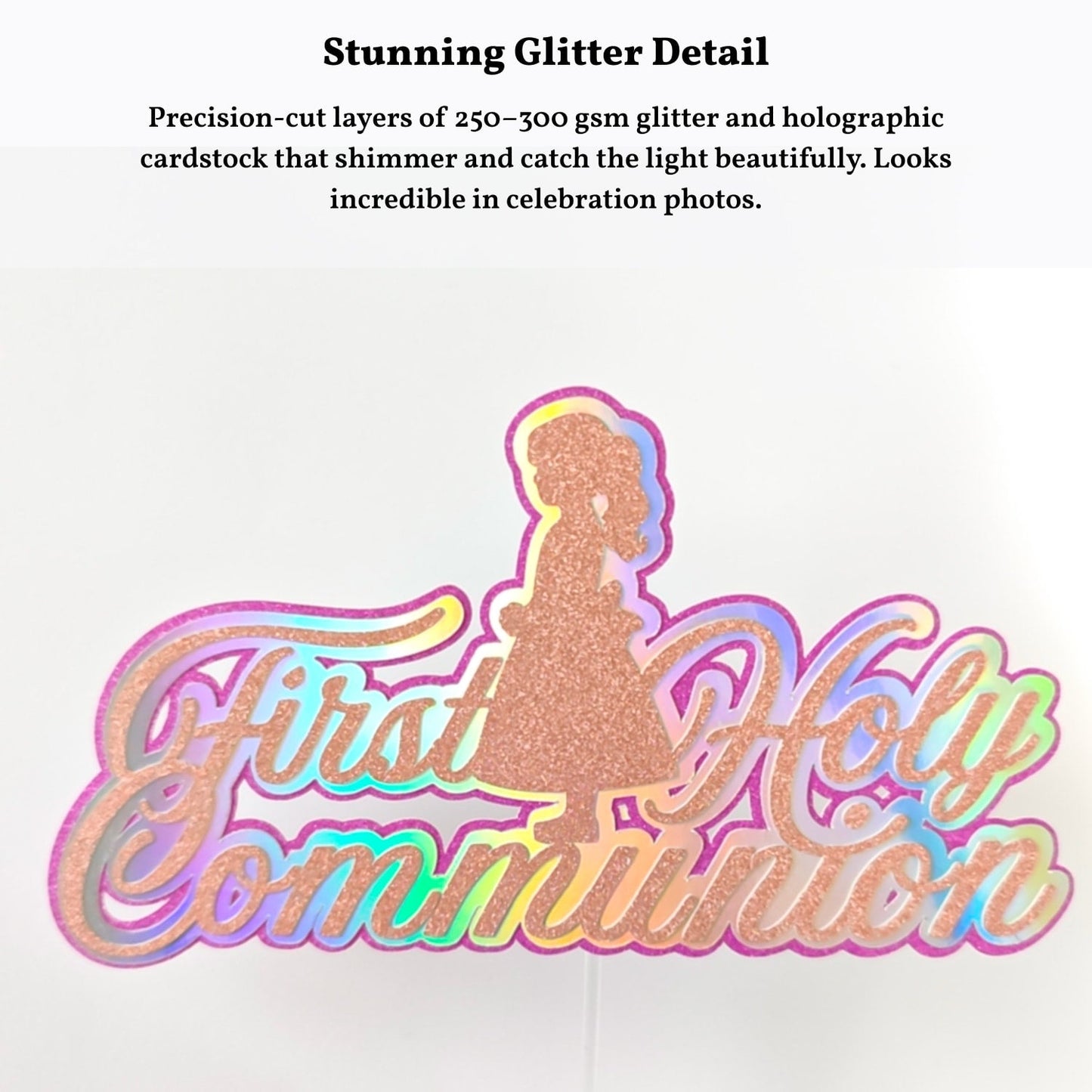 First Holy Communion Cake Topper, Holographic Rainbow Script with Praying Girl - Cake Topper - Printarelle